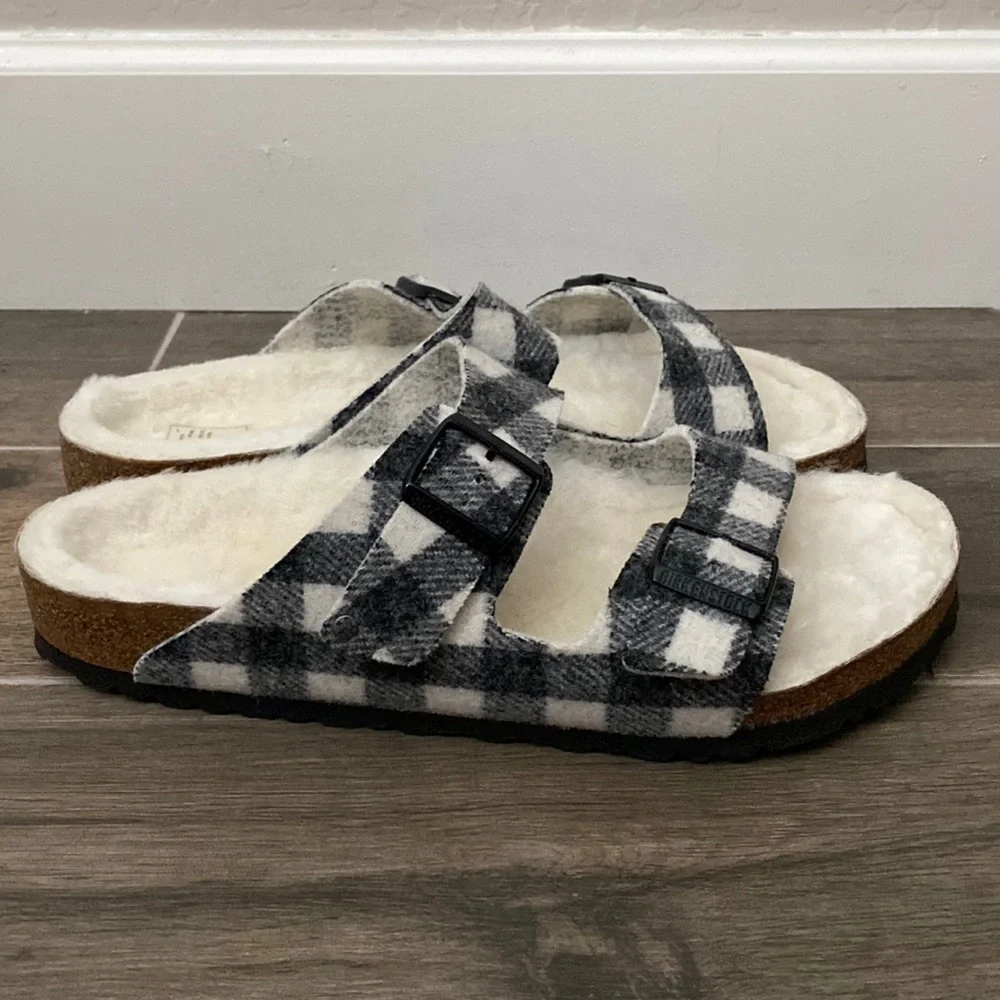 NEW Birkenstock Arizona Shearling Plaid Wool Slide Sandal Size 45 / 12